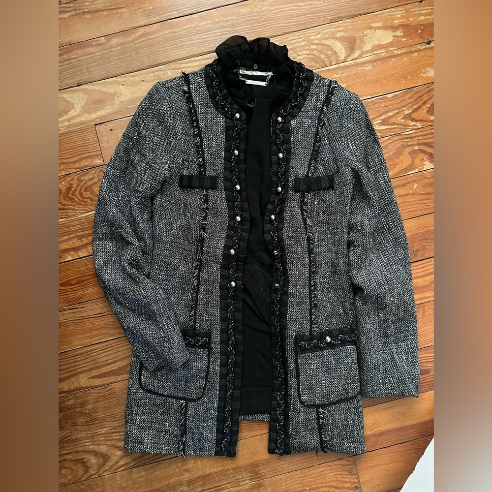 White House Black Market Long Line Tweed Fringe Jacket Sz 4